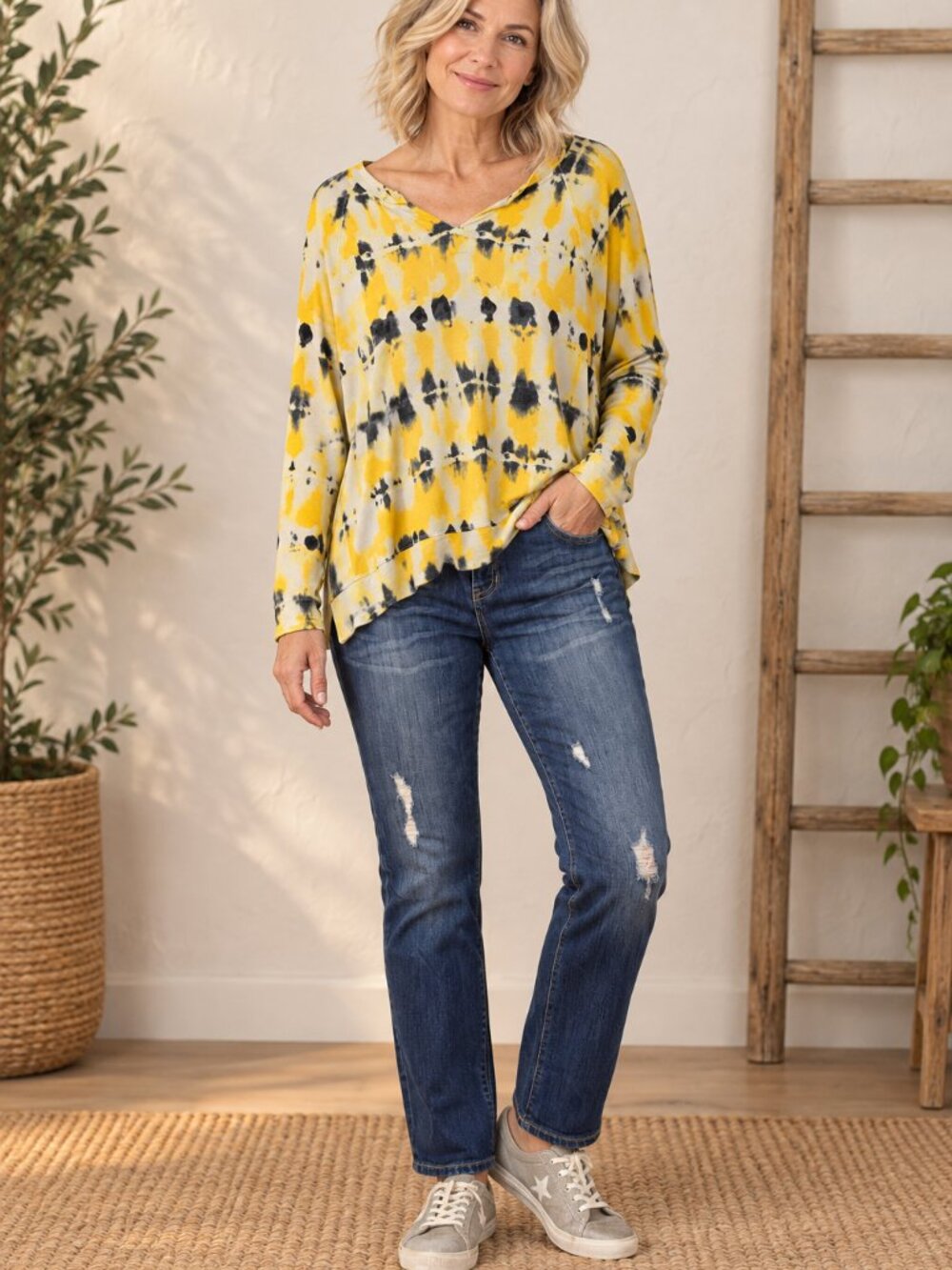 Cabi Atomic Sweatshirt #6122 Large Yellow Black Tie Dye V Neck Pullover